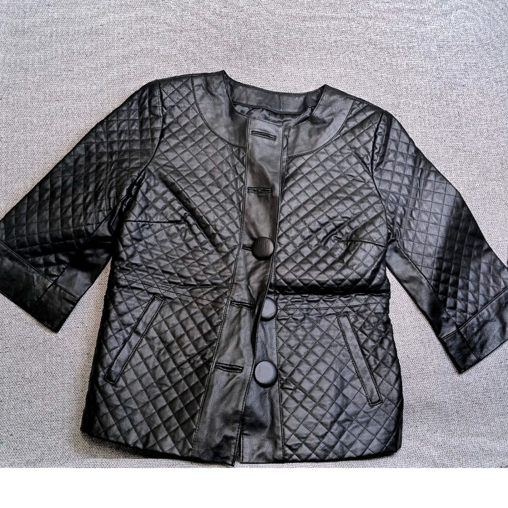 Terry Lewis Quilted Leather Jacket Womens S Black Excellent 3/4 Sleeve Moto